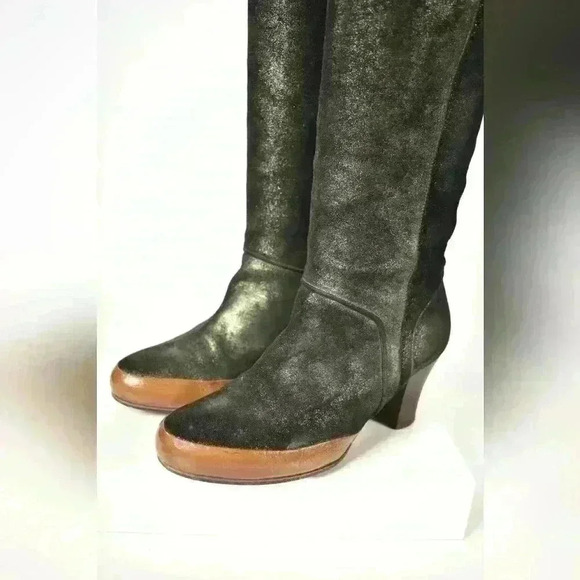 DRIES VAN NOTEN Emerald Green Distressed Metallic Leather Mid Calf Boots 9US - Picture 6 of 9